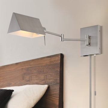 Arlo Farmhouse Industrial Single Swing Arm Plug-In or Hardwired Iron LED Wall Sconce with Pull-Chain